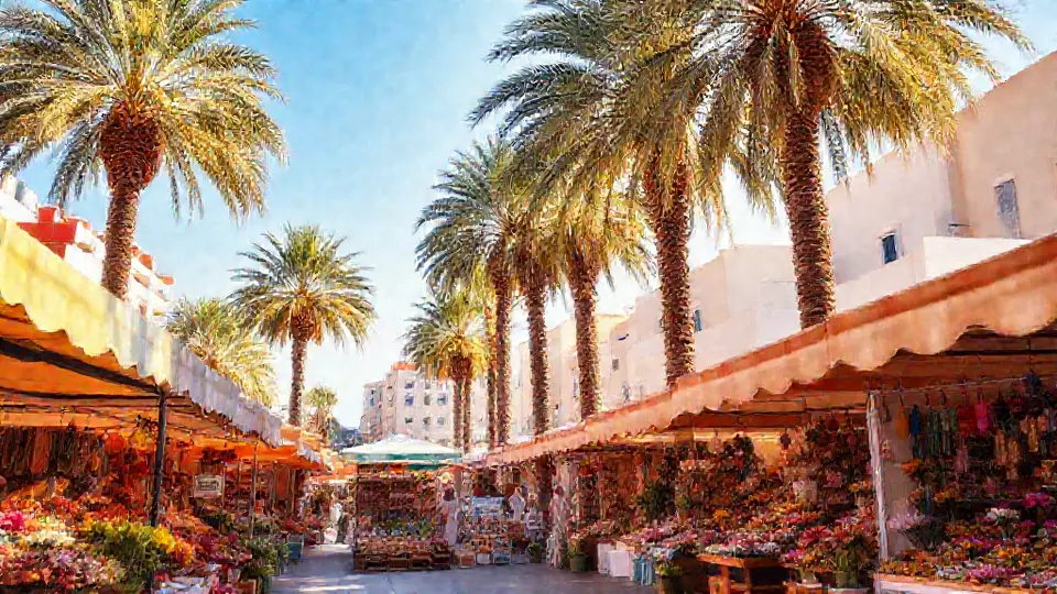 Colourful market stalls under palm trees, community atmosphere outdoors