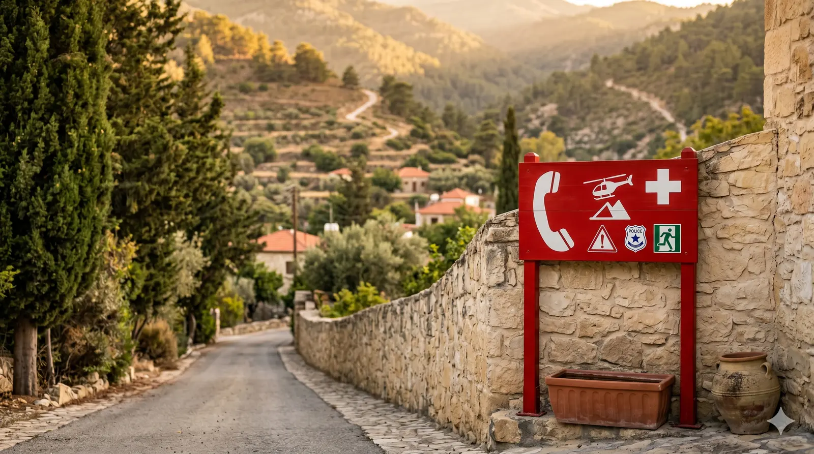 Red emergency sign on a beige limestone wall in Cyprus at golden hour