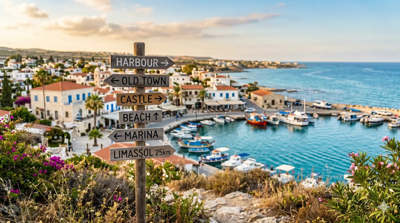 Panoramic view of a Cyprus coastal town with turquoise sea and white limestone buildings