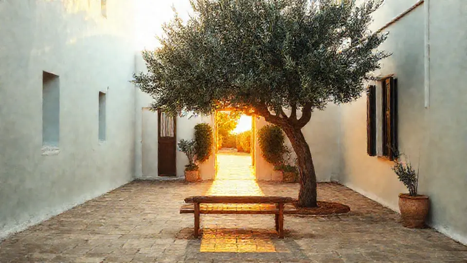 Hands reaching across a Mediterranean wall, warm light