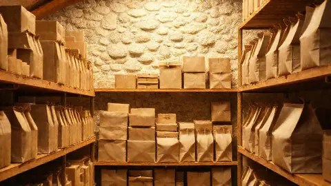 Stacked food boxes in warm light with a Mediterranean atmosphere