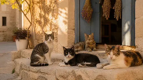 Stray cats on a stone wall in Cyprus