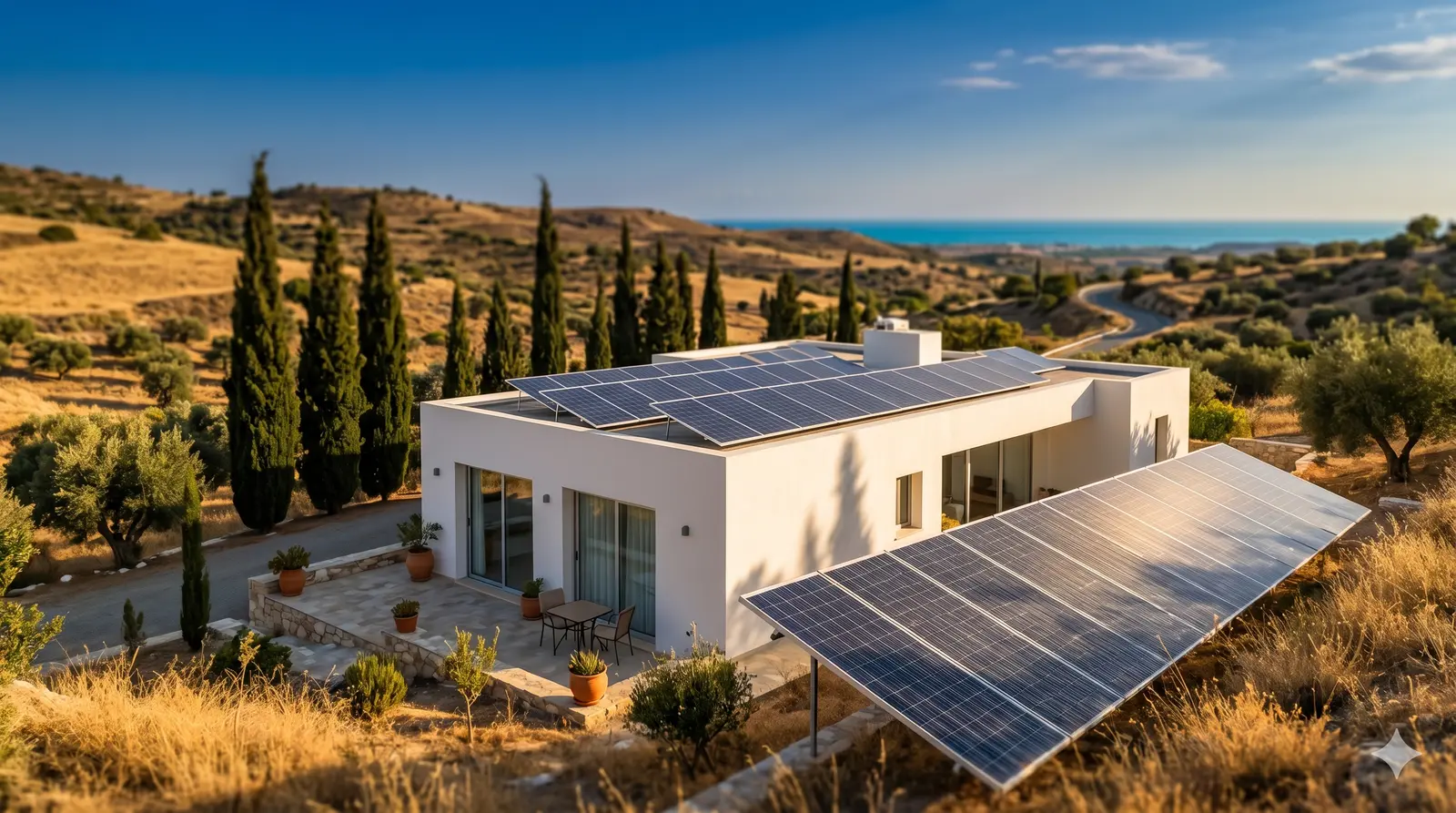 Solar panels on a rooftop in Cyprus with a view of the Mediterranean