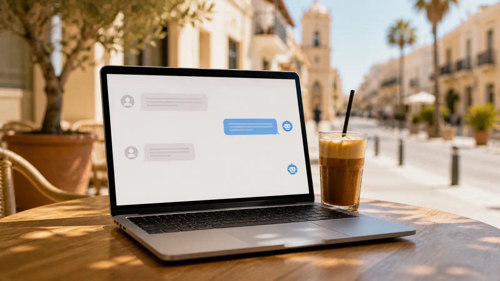 A laptop with an open AI assistant next to a frappé on a sunny Larnaca terrace