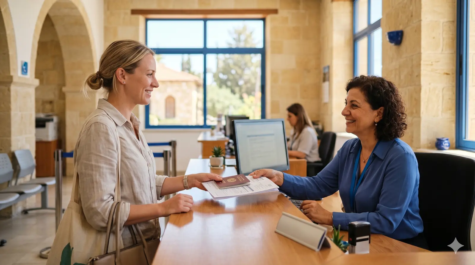 Person at a counter at the Cyprus Tax Department, warm Mediterranean atmosphere