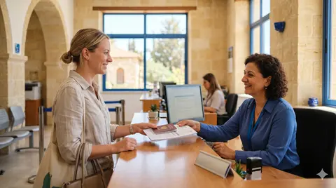 Person at a counter at the Cyprus Tax Department, warm Mediterranean atmosphere