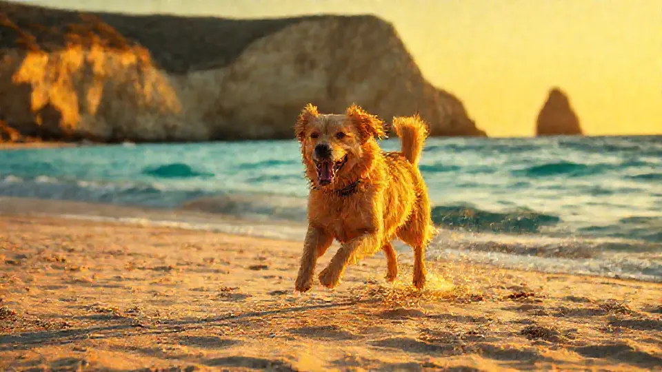 A dog running freely on a Cypriot beach in golden evening light