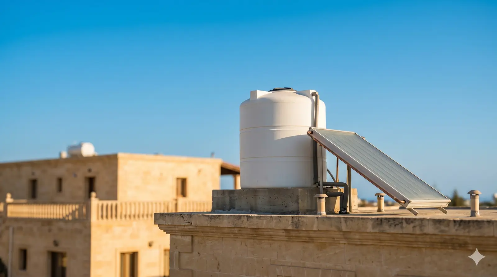 Cyprus rooftop with water tank and solar collectors