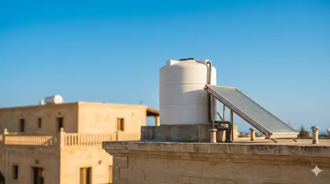 Cyprus rooftop with water tank and solar collectors